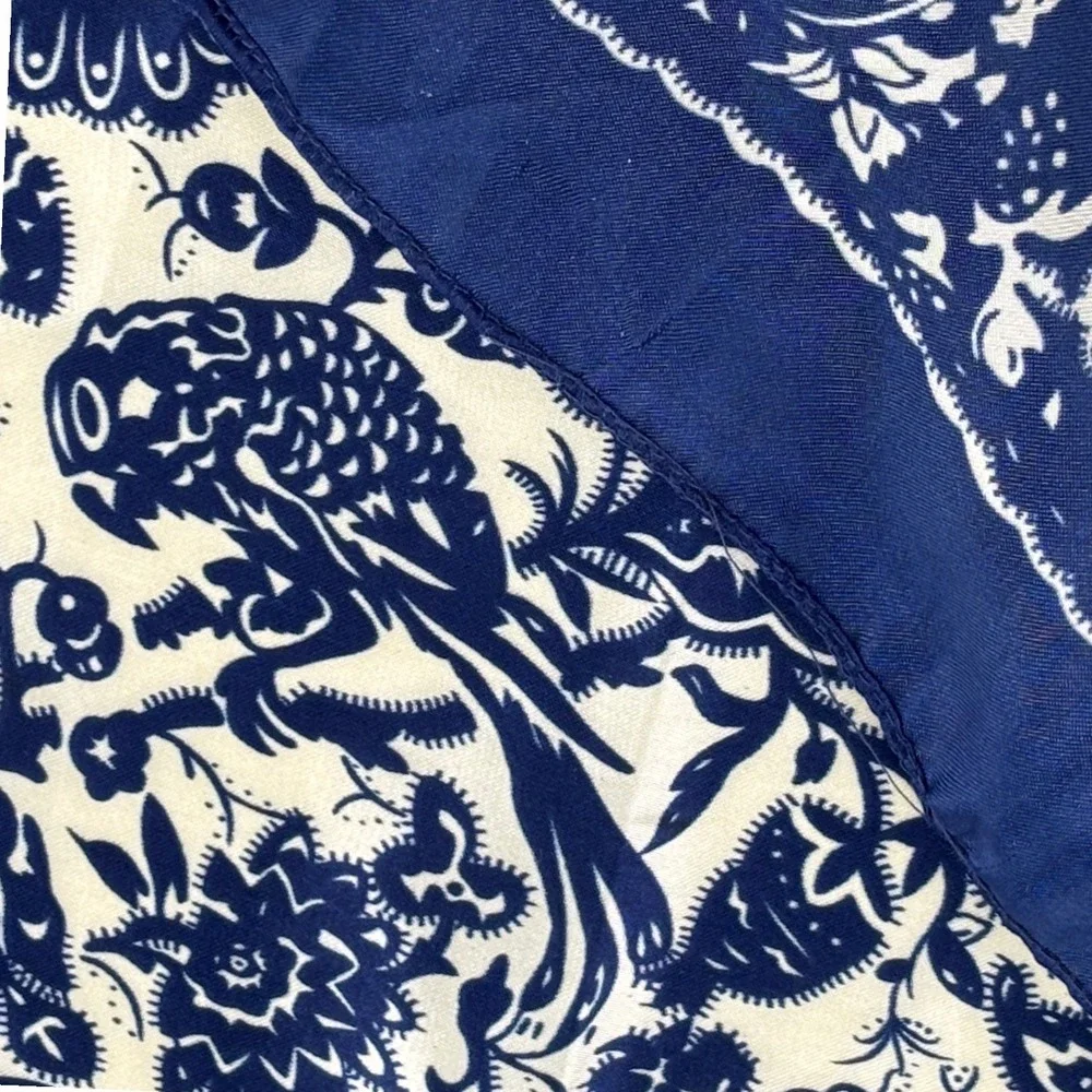 Navy Blue Cream Floral Bird Paisley Square Scarf Silky‎ Neckerchief 35x35